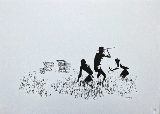 Banksy - Trolley hunters černo-bílé x/150 - číslovaná edice s certifikátem, 70x50cm