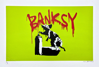 BANKSY/NOT BANKSY - Rat with Spray Cans green 3/5 - originální ručně stříkaný sprej na papíře
