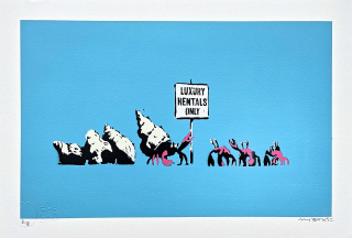 BANKSY/NOT BANKSY - Luxury Rentals Only světle modrá 2/5 -  originální ručně stříkaný sprej na papíře
