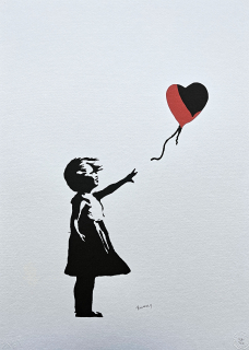 Banksy - Girl with Balloon červeno-černá 107/150 - číslovaná edice s certifikátem, 50x70cm