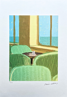 David Hockney - Restaurant with Green Chairs 103/500 - limitovaná edice s certifikátem, 35x50 cm