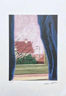 David Hockney - View from the window with blue curtains 80/500 - limitovaná edice, s certifikátem, 35x50 cm