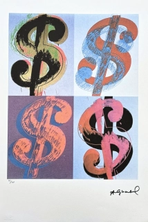 Andy Warhol - 4x Dollar Sign barevný na modrém pozadí 75/100 - edice Leo Castelli s certifikátem