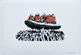 BANKSY/NOT BANKSY - Migrant Crisis 11/50 - originální ručně stříkaný sprej na papíře