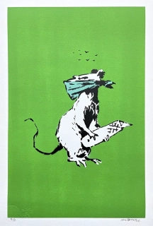 BANKSY/NOT BANKSY - Rat with Scalpel green 2/10 - originální ručně stříkaný sprej na papíře