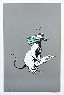 BANKSY/NOT BANKSY - Rat with Scalpel gray 2/10 - originální ručně stříkaný sprej na papíře