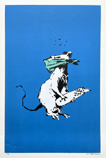 BANKSY/NOT BANKSY - Rat with Scalpel blue 2/10 - originální ručně stříkaný sprej na papíře
