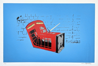 BANKSY/NOT BANKSY - Death of the Phone Box f/blue 1/1 -  originální ručně stříkaný sprej na papíře