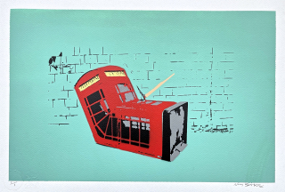BANKSY/NOT BANKSY - Death of the Phone Box g/green 1/1 -  originální ručně stříkaný sprej na papíře