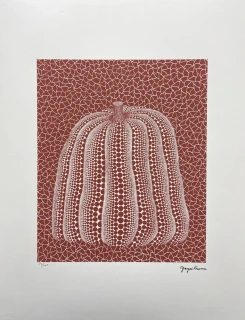 Yayoi Kusama - White pumpkin on red x/500 - signováno, číslovaná edice, 50x65 cm