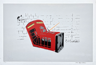 BANKSY/NOT BANKSY - Death of the Phone Box s/gray 1/1 -  originální ručně stříkaný sprej na papíře