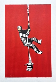 BANKSY/NOT BANKSY - Create escape red 3/5 - originální ručně stříkaný sprej na papíře