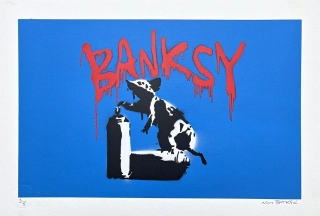 BANKSY/NOT BANKSY - Rat with Spray Cans blue 3/5 - originální ručně stříkaný sprej na papíře