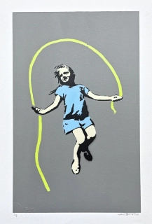 BANKSY/NOT BANKSY - Girl with skipping rope gray 1/5 - originální ručně stříkaný sprej na papíře