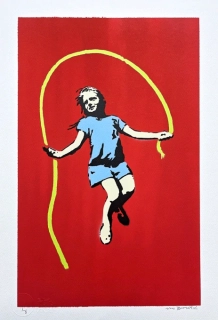 BANKSY/NOT BANKSY - Girl with skipping rope red 1/5 - originální ručně stříkaný sprej na papíře