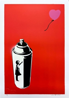 BANKSY/NOT BANKSY - Girl with spray can - red 1/5 -  originální ručně stříkaný sprej na papíře, 35x50cm
