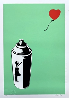 BANKSY/NOT BANKSY - Girl with spray can - L/green 1/5 -  originální ručně stříkaný sprej na papíře, 35x50cm