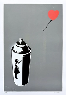 BANKSY/NOT BANKSY - Girl with spray can - gray 1/5 -  originální ručně stříkaný sprej na papíře, 35x50cm