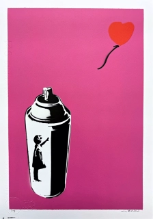 BANKSY/NOT BANKSY - Girl with spray can - pink 1/5 -  originální ručně stříkaný sprej na papíře, 35x50cm