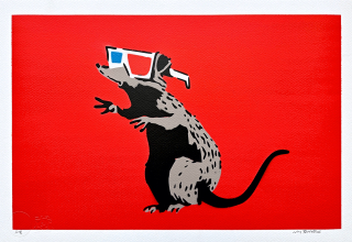 BANKSY/NOT BANKSY - 3D Rat - red 1/5 - originální ručně stříkaný sprej na papíře