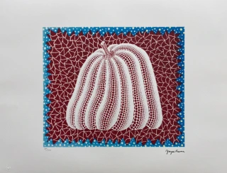 Yayoi Kusama - White Pumpkin Blue and Red x/500 - signováno, číslovaná edice, 65x50 cm