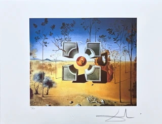 Salvador Dalí - Surrealist Landscape with Floating Cubes - signováno, limitovaná edice, 66x50cm