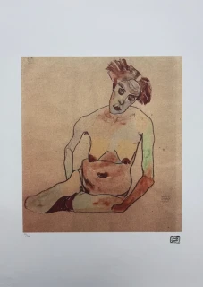 Egon Schiele - Seated Female Nude with Tilted Head and Raised Arms - x/200 - limitovaná edice, s certifikátem, 50x70 cm