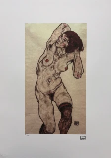 Egon Schiele - Kneeling Female Nude with Raised Arms - x/200 - limitovaná edice, s certifikátem, 50x70 cm