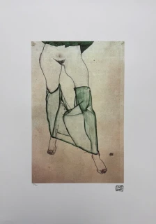 Egon Schiele - Kneeling Female Nude with Green Stockings - x/200 - limitovaná edice, s certifikátem, 50x70 cm