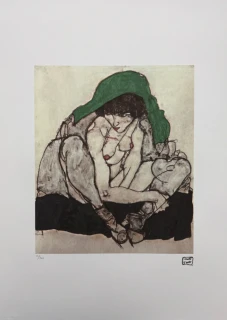 Egon Schiele - Crouching Female Nude with Green Drapery - x/200 - limitovaná edice, s certifikátem, 50x70 cm
